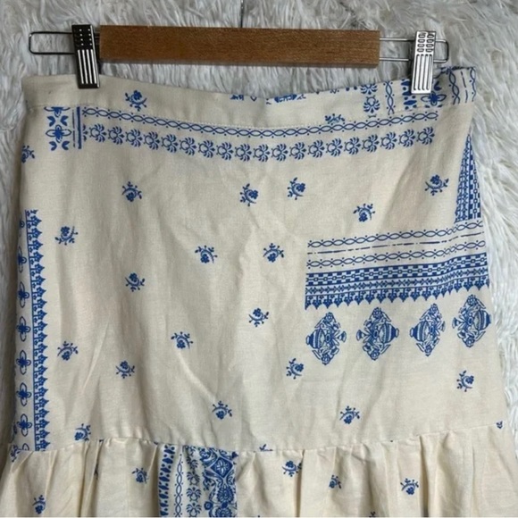 MAISON D’AIMELIE Paris Wrap Top and Skirt Cream Blue Block Print SZ L Wrap top - Picture 3 of 7